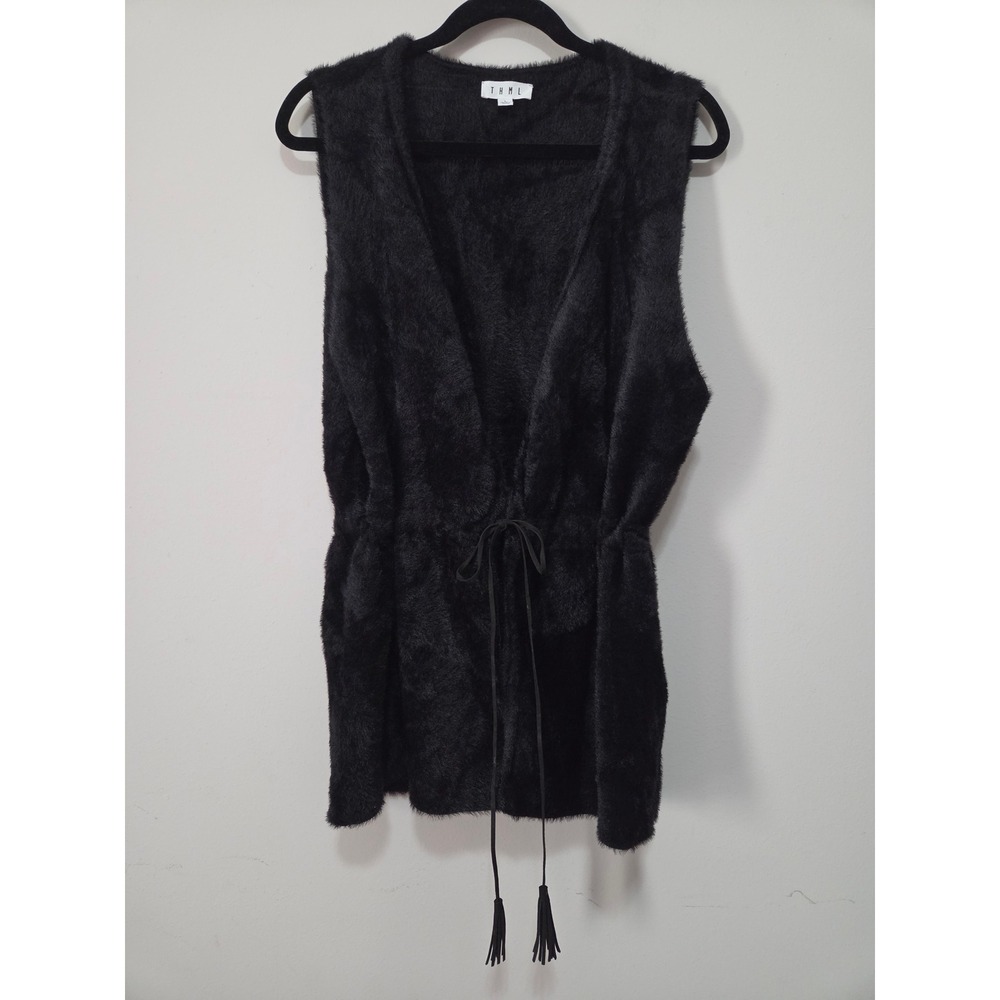 THML Black Fuzzy Eyelash Knit Vest Drawstring Tassel Waist TMK875 Womens Large